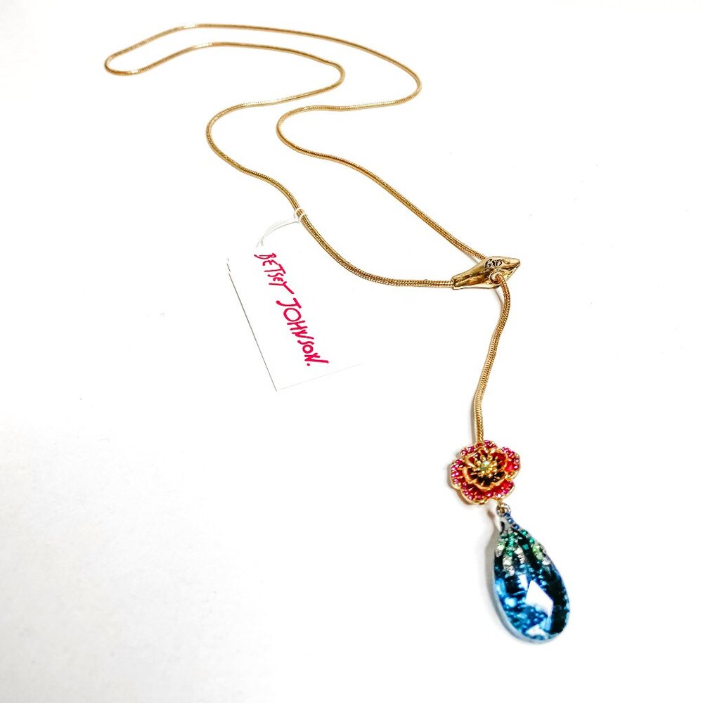 NWT Betsey Johnson Floral Blue Stone Teardrop Wrap Necklace